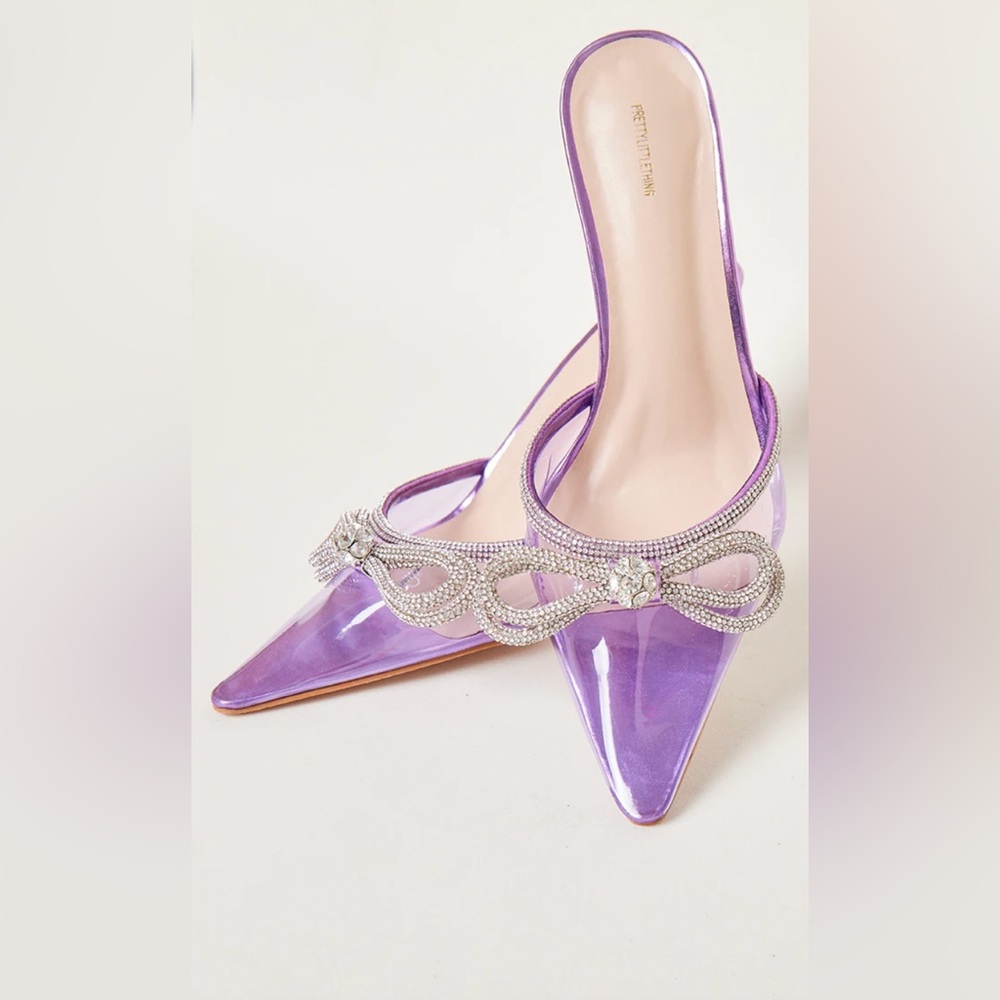 Pretty Little Thing Purple Silver Bow Pointed Heels Size 7